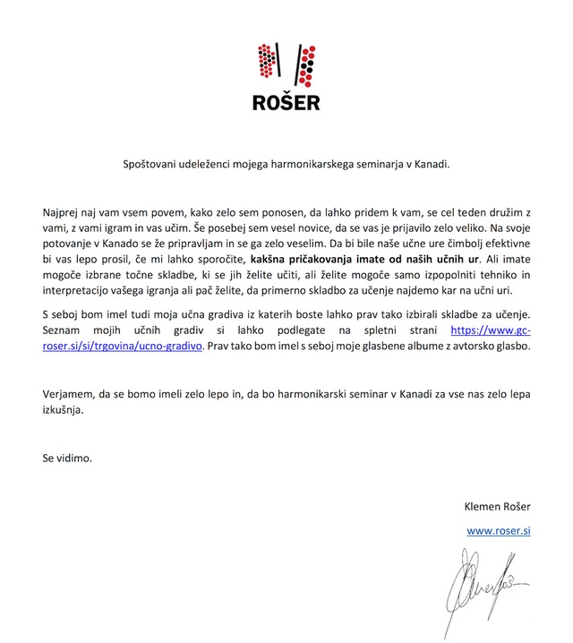 Spoštovani udeleženci mojega harmonikarskega seminarja v Kanadi